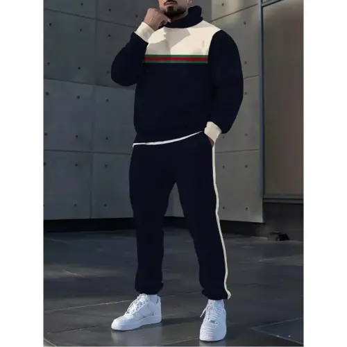 TOVPAO Men's printed spliced long sleeved hooded sweatshirt and pants two-piece casual street fashion jogging set - 3