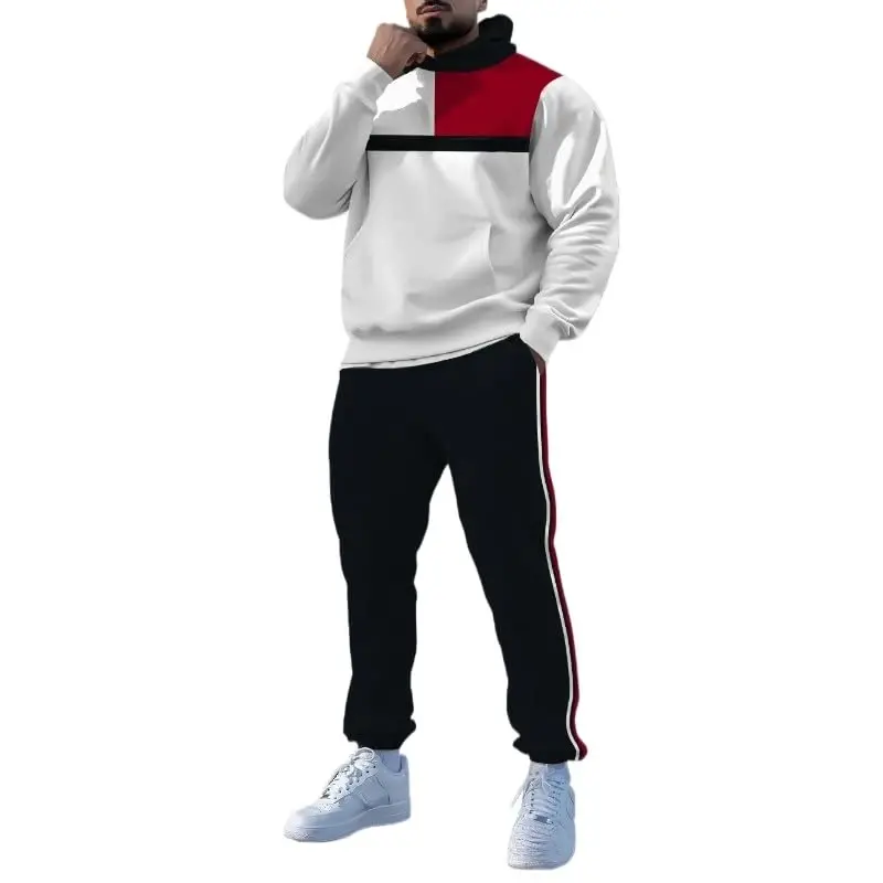 TOVPAO Men's printed spliced long sleeved hooded sweatshirt and pants two-piece casual street fashion jogging set - TOVPAO