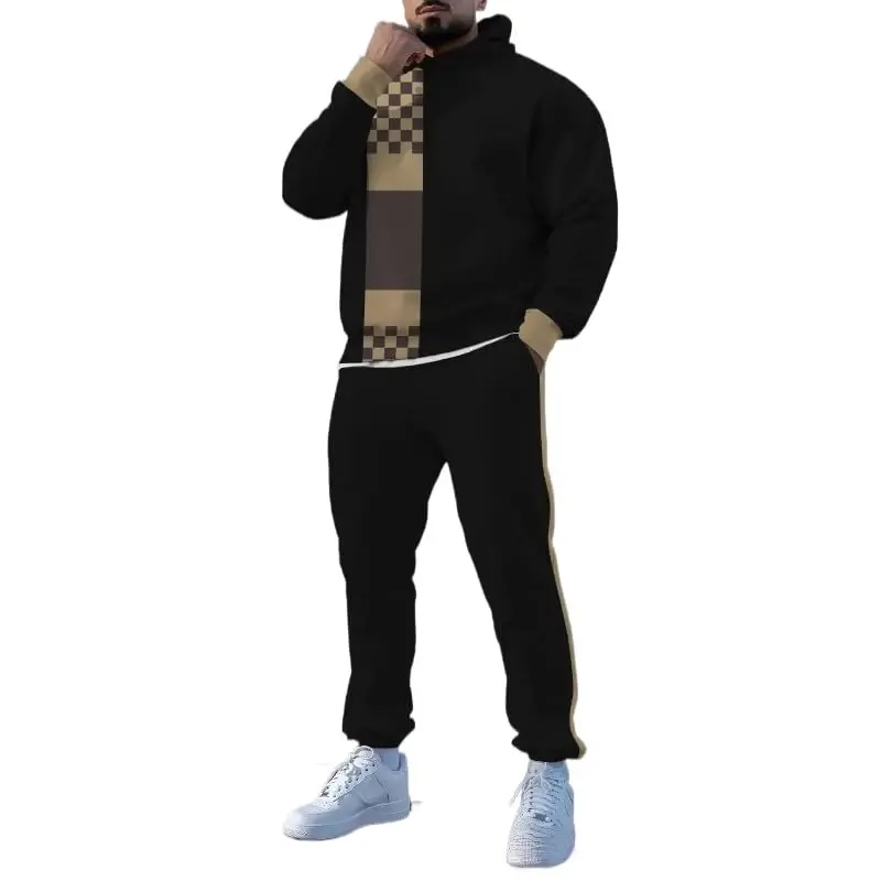 TOVPAO Men's printed spliced long sleeved hooded sweatshirt and pants two-piece casual street fashion jogging set - TOVPAO