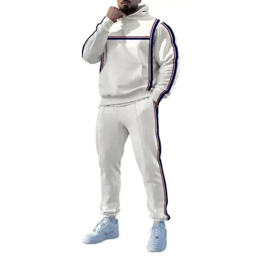 TOVPAO Men's printed spliced long sleeved hooded sweatshirt and pants two-piece casual street fashion jogging set 