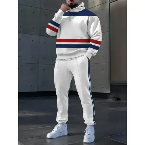 TOVPAO Men's printed spliced long sleeved hooded sweatshirt and pants two-piece casual street fashion jogging set - 5