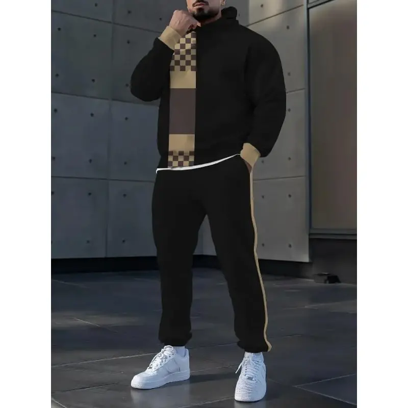 TOVPAO Men's printed spliced long sleeved hooded sweatshirt and pants two-piece casual street fashion jogging set - 2