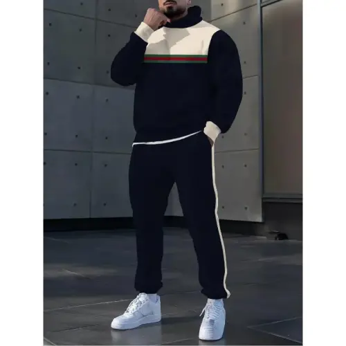 TOVPAO Men's printed spliced long sleeved hooded sweatshirt and pants two-piece casual street fashion jogging set - 3