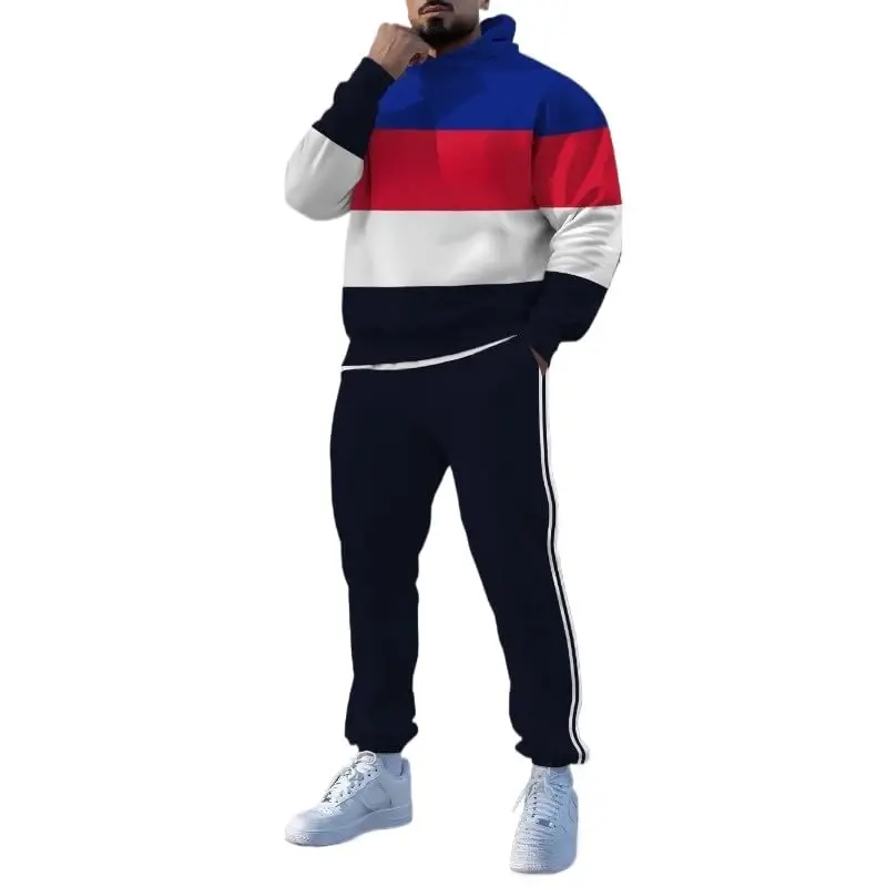 TOVPAO Men's printed spliced long sleeved hooded sweatshirt and pants two-piece casual street fashion jogging set - 1