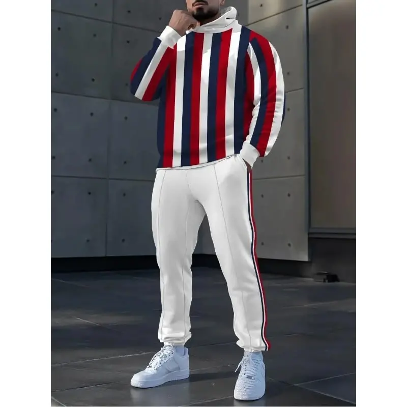 TOVPAO Men's printed spliced long sleeved hooded sweatshirt and pants two-piece casual street fashion jogging set - 3