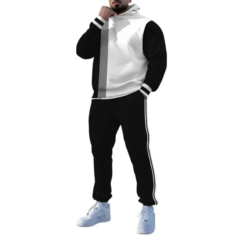 TOVPAO Men's printed spliced long sleeved hooded sweatshirt and pants two-piece casual street fashion jogging set - 1