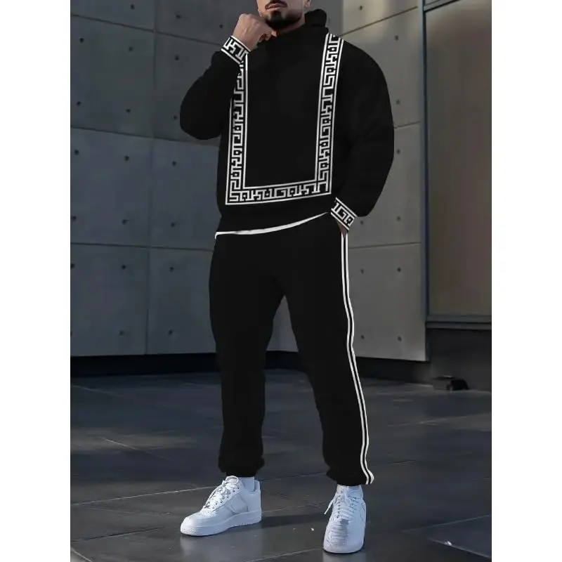 TOVPAO Men's printed spliced long sleeved hooded sweatshirt and pants two-piece casual street fashion jogging set - 3