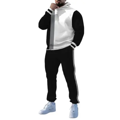 TOVPAO Men's printed spliced long sleeved hooded sweatshirt and pants two-piece casual street fashion jogging set 