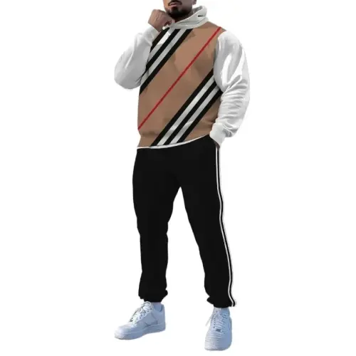 TOVPAO Men's printed spliced long sleeved hooded sweatshirt and pants two-piece casual street fashion jogging set 