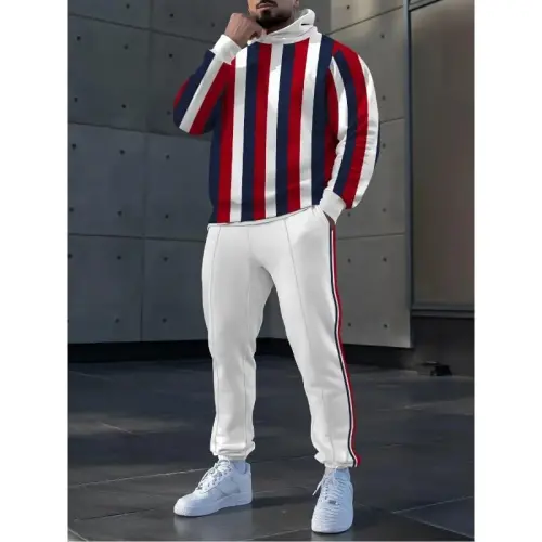 TOVPAO Men's printed spliced long sleeved hooded sweatshirt and pants two-piece casual street fashion jogging set - 3