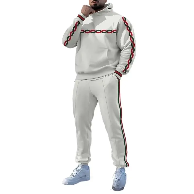 TOVPAO Men's printed spliced long sleeved hooded sweatshirt and pants two-piece casual street fashion jogging set - 1