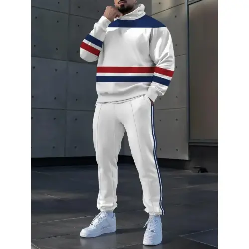 TOVPAO Men's printed spliced long sleeved hooded sweatshirt and pants two-piece casual street fashion jogging set - 3