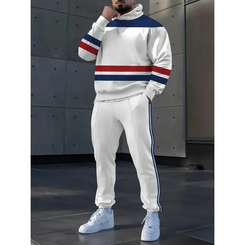 TOVPAO Men's printed spliced long sleeved hooded sweatshirt and pants two-piece casual street fashion jogging set - 3