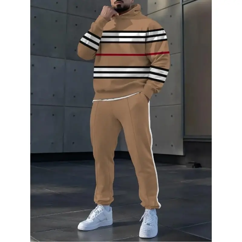 TOVPAO Men's printed spliced long sleeved hooded sweatshirt and pants two-piece casual street fashion jogging set - 4