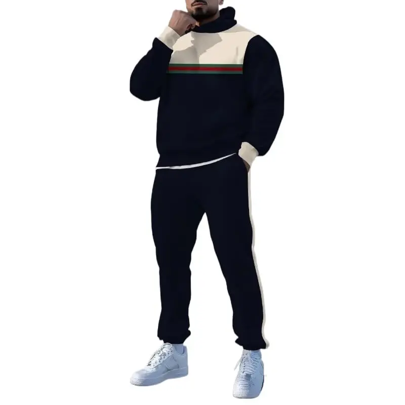 TOVPAO Men's printed spliced long sleeved hooded sweatshirt and pants two-piece casual street fashion jogging set - 1