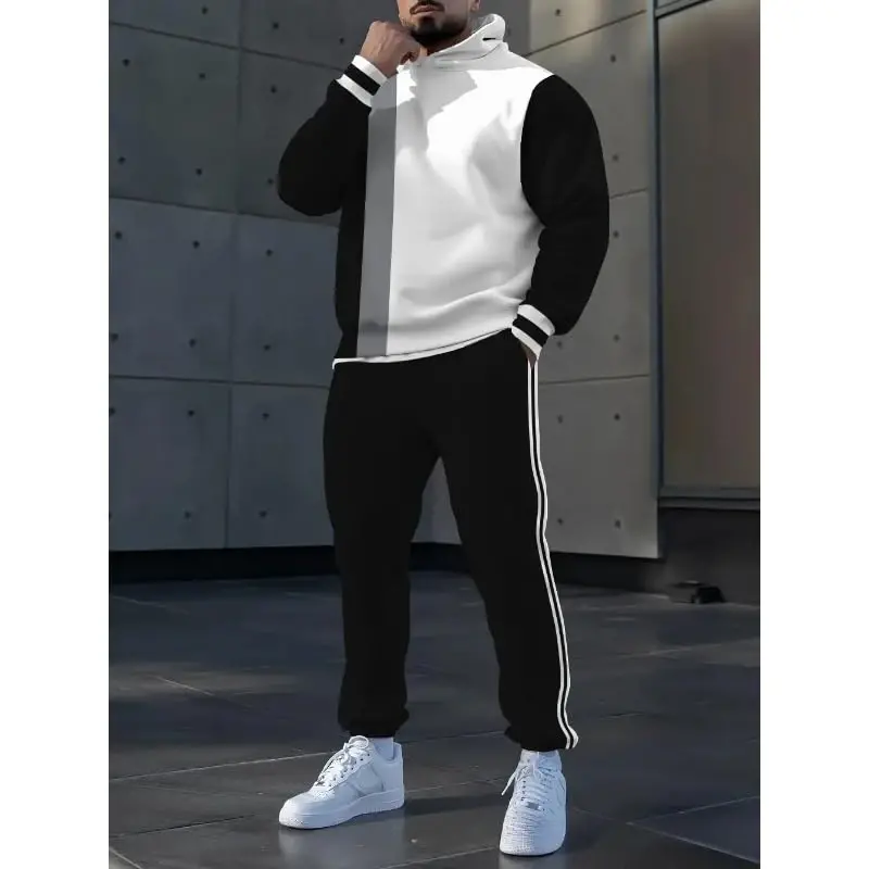 TOVPAO Men's printed spliced long sleeved hooded sweatshirt and pants two-piece casual street fashion jogging set - 2