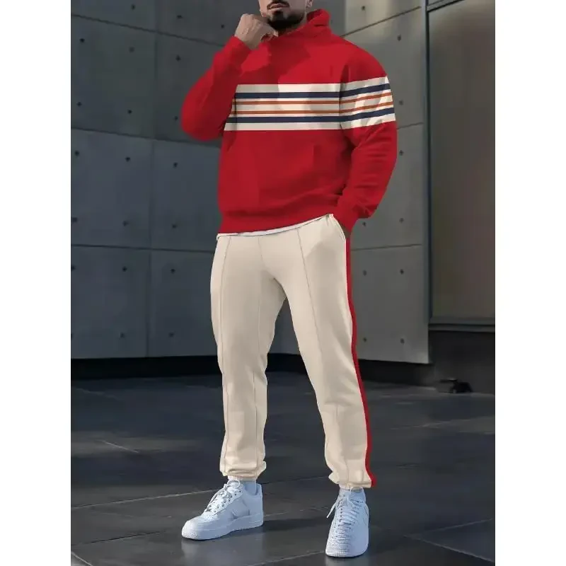 TOVPAO Men's printed spliced long sleeved hooded sweatshirt and pants two-piece casual street fashion jogging set - 3