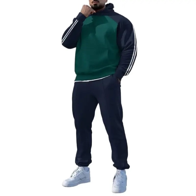 TOVPAO Men's printed spliced long sleeved hooded sweatshirt and pants two-piece casual street fashion jogging set - 1