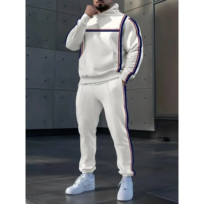 TOVPAO Men's printed spliced long sleeved hooded sweatshirt and pants two-piece casual street fashion jogging set - 2