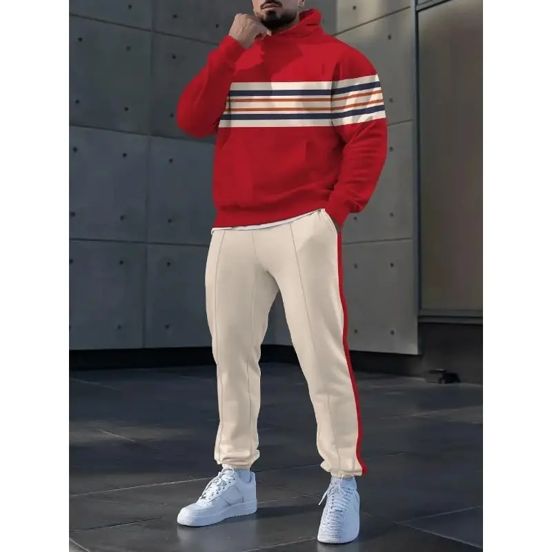 TOVPAO Men's printed spliced long sleeved hooded sweatshirt and pants two-piece casual street fashion jogging set - 3