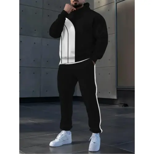 TOVPAO Men's printed spliced long sleeved hooded sweatshirt and pants two-piece casual street fashion jogging set - 4