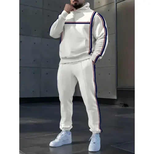 TOVPAO Men's printed spliced long sleeved hooded sweatshirt and pants two-piece casual street fashion jogging set - TOVPAO (1)