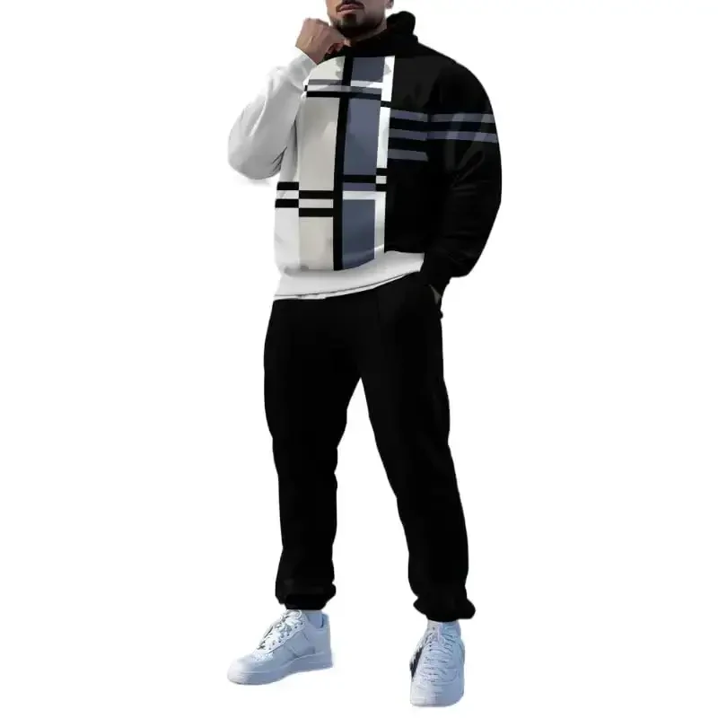 TOVPAO Men's printed spliced long sleeved hooded sweatshirt and pants two-piece casual street fashion jogging set - 1