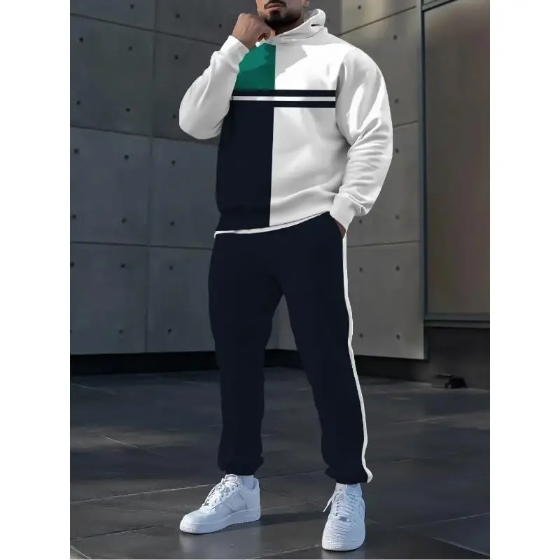 TOVPAO Men's printed spliced long sleeved hooded sweatshirt and pants two-piece casual street fashion jogging set - 4