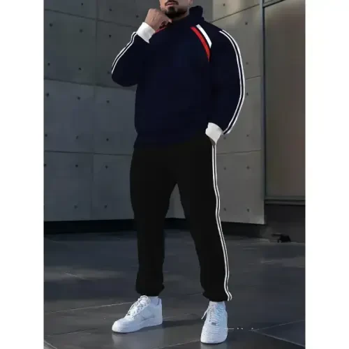 TOVPAO Men's printed spliced long sleeved hooded sweatshirt and pants two-piece casual street fashion jogging set - 5