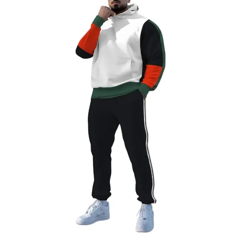 TOVPAO Men's printed spliced long sleeved hooded sweatshirt and pants two-piece casual street fashion jogging set - TOVPAO
