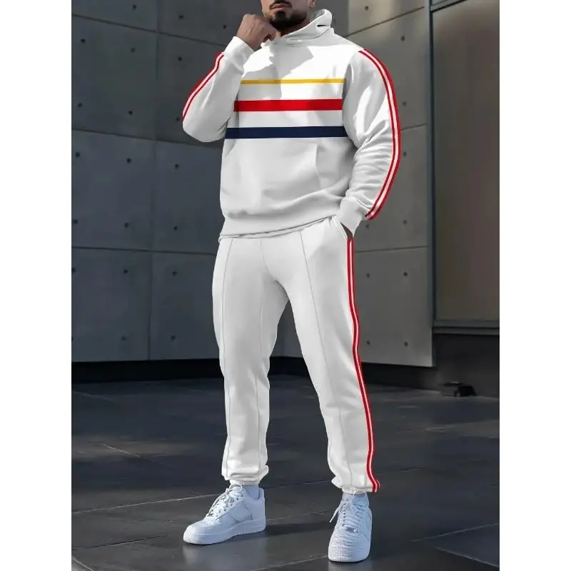 TOVPAO Men's printed spliced long sleeved hooded sweatshirt and pants two-piece casual street fashion jogging set - 2