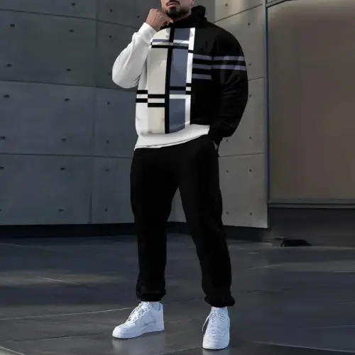 TOVPAO Men's printed spliced long sleeved hooded sweatshirt and pants two-piece casual street fashion jogging set - 4