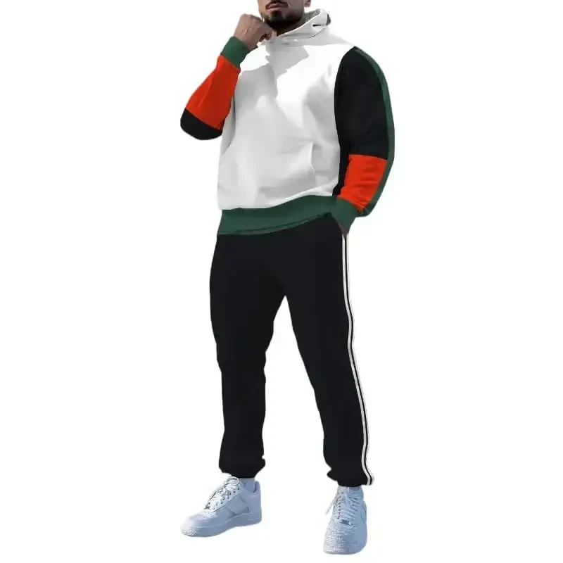 TOVPAO Men's printed spliced long sleeved hooded sweatshirt and pants two-piece casual street fashion jogging set - TOVPAO