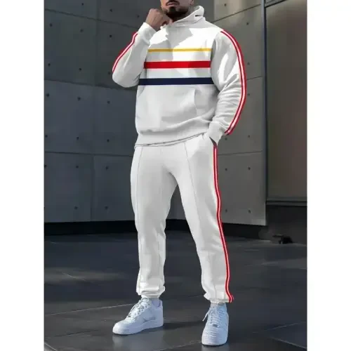 TOVPAO Men's printed spliced long sleeved hooded sweatshirt and pants two-piece casual street fashion jogging set - TOVPAO (1)