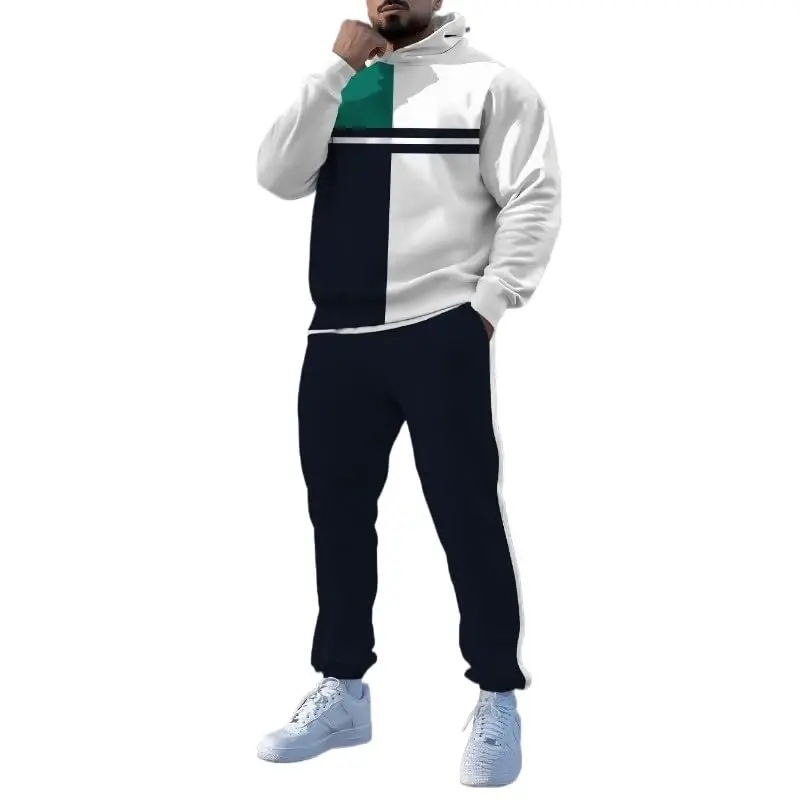TOVPAO Men's printed spliced long sleeved hooded sweatshirt and pants two-piece casual street fashion jogging set - TOVPAO