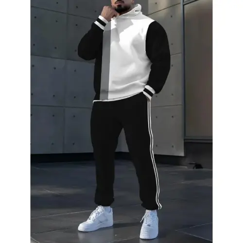 TOVPAO Men's printed spliced long sleeved hooded sweatshirt and pants two-piece casual street fashion jogging set - 4