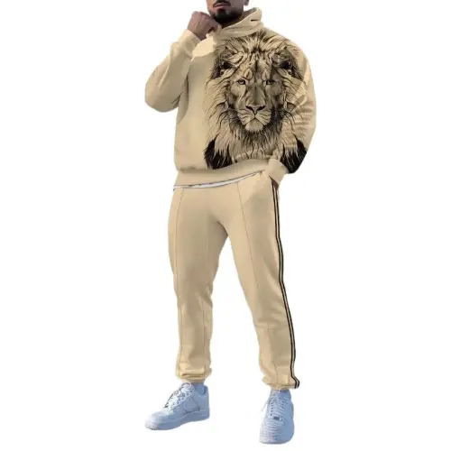 TOVPAO Men's printed spliced long sleeved hooded sweatshirt and pants two-piece casual street fashion jogging set - 1