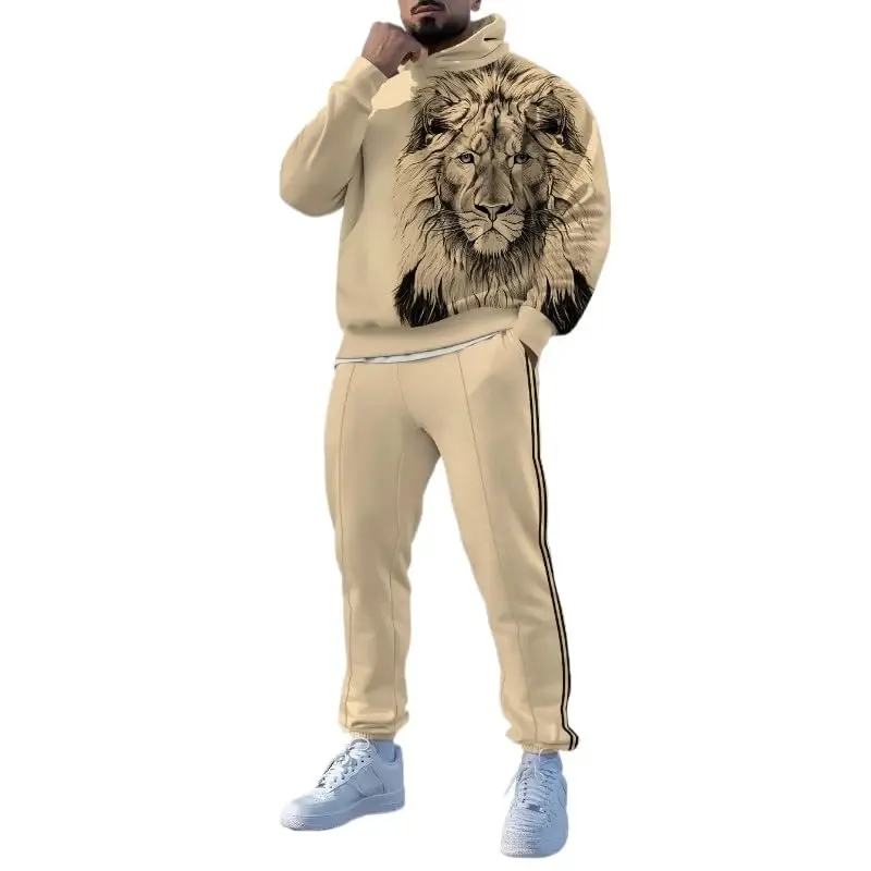 TOVPAO Men's printed spliced long sleeved hooded sweatshirt and pants two-piece casual street fashion jogging set - TOVPAO