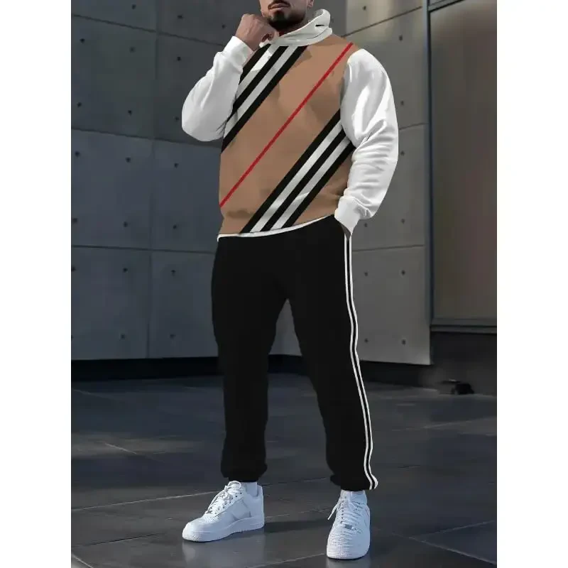 TOVPAO Men's printed spliced long sleeved hooded sweatshirt and pants two-piece casual street fashion jogging set - 3