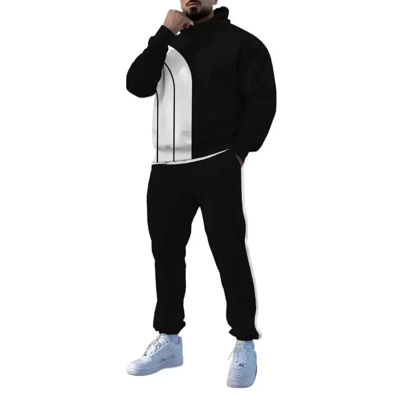 TOVPAO Men's printed spliced long sleeved hooded sweatshirt and pants two-piece casual street fashion jogging set - TOVPAO