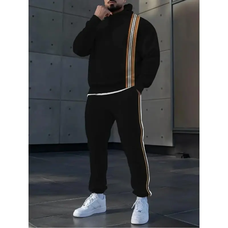 TOVPAO Men's printed spliced long sleeved hooded sweatshirt and pants two-piece casual street fashion jogging set - 2