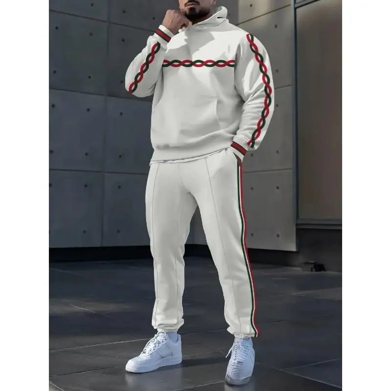 TOVPAO Men's printed spliced long sleeved hooded sweatshirt and pants two-piece casual street fashion jogging set - 3