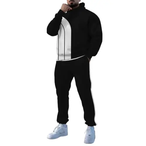 TOVPAO Men's printed spliced long sleeved hooded sweatshirt and pants two-piece casual street fashion jogging set 