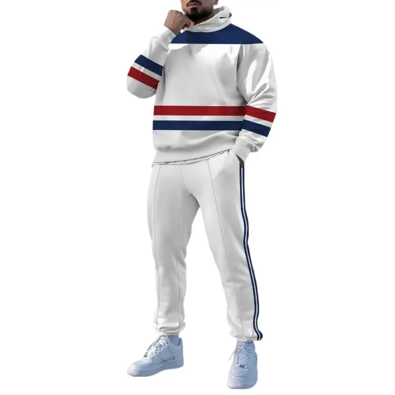 TOVPAO Men's printed spliced long sleeved hooded sweatshirt and pants two-piece casual street fashion jogging set - 1