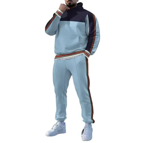 TOVPAO Men's printed spliced long sleeved hooded sweatshirt and pants two-piece casual street fashion jogging set 