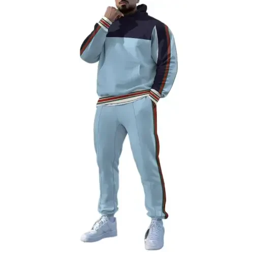 TOVPAO Men's printed spliced long sleeved hooded sweatshirt and pants two-piece casual street fashion jogging set - 1