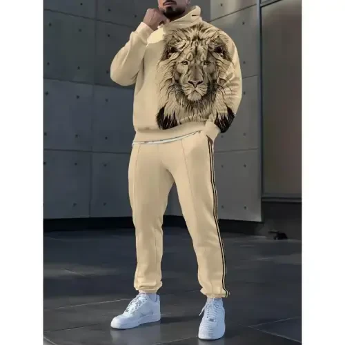 TOVPAO Men's printed spliced long sleeved hooded sweatshirt and pants two-piece casual street fashion jogging set - 2