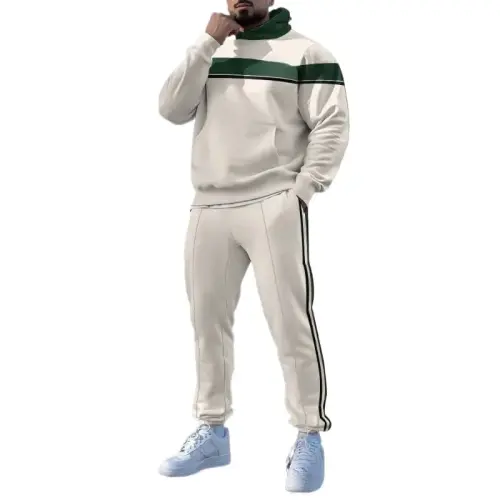 TOVPAO Men's printed spliced long sleeved hooded sweatshirt and pants two-piece casual street fashion jogging set 