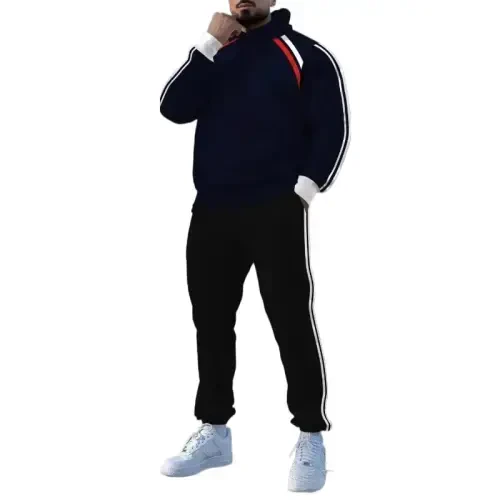 TOVPAO Men's printed spliced long sleeved hooded sweatshirt and pants two-piece casual street fashion jogging set 