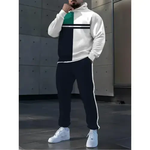 TOVPAO Men's printed spliced long sleeved hooded sweatshirt and pants two-piece casual street fashion jogging set - 4